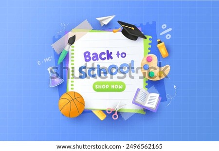 Cool paper style back to school design in blue background. 3d school concept elements. Vector illustration template for banner, website and promotion.