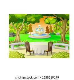 Cool Park With Water Fountain, Chair, Table, Trees, And Flower Cartoon for your design