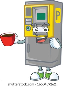 Cool parking ticket machine cartoon character with a cup of coffee