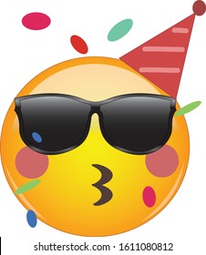 Cool party emoji celebrating birthday! Yellow face emoticon wearing shades and a party hat, kissing lips or whistling as confetti floats around its head. Expression of celebration, fun, awesome.	