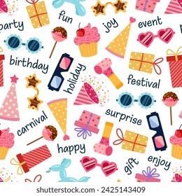 Cool party seamless vector pattern. Festive elements - balloon, birthday hat, whistle, firecracker, gifts, cake, funny glasses. A surprise for adults and kids. Background for holiday celebration