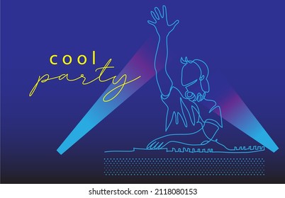 Cool party vector flyer, background, banner, poster. One continuous line art drawing illustration of dj with one hand up.