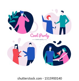 Cool party web banner flat vector template. Young people dancing, singing, eating pizza illustrations set. Teenagers relaxing in night club, drinking cocktails and having fun. Students entertainment