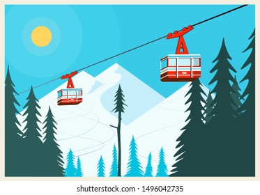 Cool pastel Cartoon ski poster. The mountain resort with ski lifts, slopes
