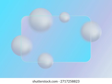 Gradiente pastel fresco con esferas blancas y un rectángulo transparente de estilo morfismo de vidrio azul. Eps 10