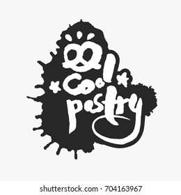 Cool Pastry. Hand written calligraphy phrase in an ink blot. White on black. Clipping paths included.
