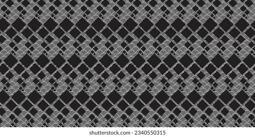 cool pattern with a combination of several box motifs lined down from large to small in black and black and white wave motifs