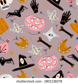 Cool pattern for halloween from the witchcraft. Happy Halloween concept. Stylish illustration of holiday attributes