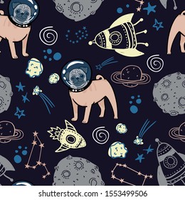 Cool pattern with pug in space. Space background. print for T-shirts, textiles, wrapping paper, web. 
