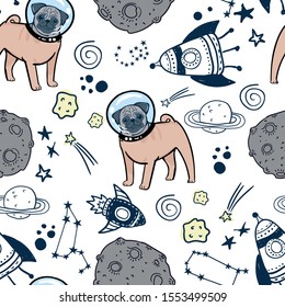 Cool pattern with pug in space. Space background. print for T-shirts, textiles, wrapping paper, web. 
