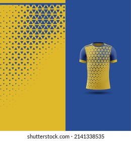 Cool Pattern Soccer jersey and t-shirt sport mockup template, Graphic design for football kit or activewear uniforms. Yellow blue abstract triangle pattern theme with 3d preview