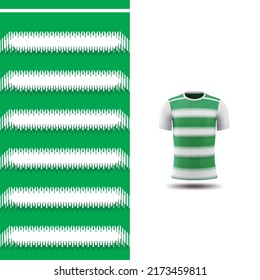 Cool Pattern Soccer jersey and t-shirt sport mockup template, Graphic design for football kit or activewear uniforms. Strips green white geometric pattern theme with 3d preview