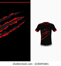 Cool Pattern Soccer jersey and t-shirt sport mockup template, Graphic design for football kit or activewear uniforms. Red monster abstract pattern theme with 3d preview