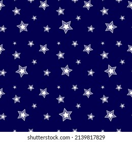 Cool pattern with white stars on blue background. Seamless texture with random elements. Flat vector illustration