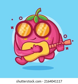 cool peach fruit character mascot playing guitar isolated cartoon in flat style design