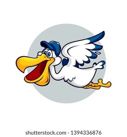 Cool pelican bird flying using baseball hat. It looks cool can be used as logo or mascot.