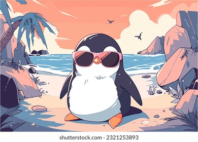 A cool penguin chilling at the beach with trendy dark sunglasses