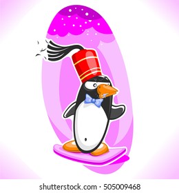Cool penguin with fez hat on a snowboard