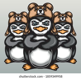 Cool penguin squad with bear hats. Premium vector