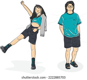 Cool people guy and girl happy and sad line art flat people design illustration cute color