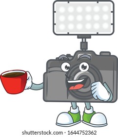 Cool photo camera with lighting cartoon character with a cup of coffee