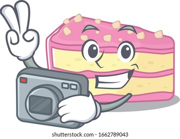 Cool Photographer strawberry slice cake character with a camera
