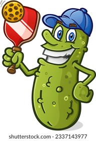 Cool pickle cartoon with attitude holding a pickleball racket and ball and wearing a bright blue baseball cap vector clip art