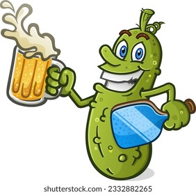 Cool pickle cartoon character with attitude holding a big cold frothy mug of light lager beer with splashing foam spilling over the rim ready for a good pickleball victory drink vector clip art