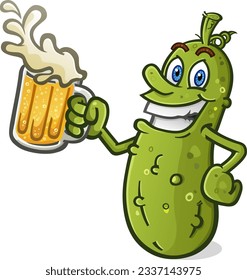 Cool pickle cartoon character with attitude holding a big cold frothy mug of light lager beer with splashing foam spilling over the rim ready for a good victory drink vector clip art