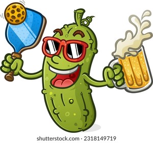 Cool pickle cartoon mascot with attitude holding at tall mug of beer and wearing sunglasses vector illustration