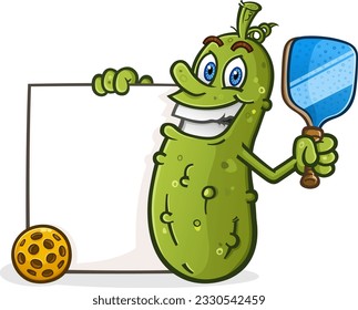 Cool pickleball with attitude holding a pickleball racket and a big blank poster sign perfect for a team announcement or a sporting schedule vector clip art