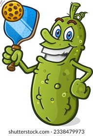 Cool pickleball cartoon character holding a pickle ball and racket with a big toothy grin on his face vector clip art