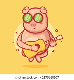 cool pig animal character mascot playing guitar isolated cartoon in flat style design