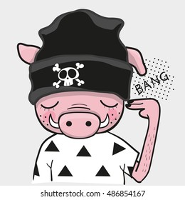Cool pig in a black hat is shooting from his fingers to the head
