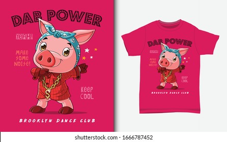 Cool pig dabbing illustration with t-shirt design, Hand drawn