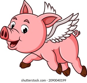 The cool pig is flying with the wings of illustration