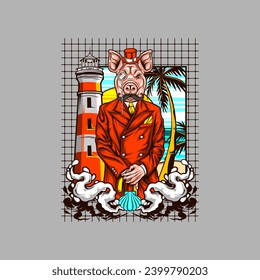 cool pig head man illustration for t shirt design