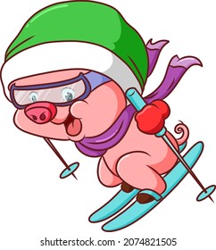 the cool pig is playing the ice skating of illustration