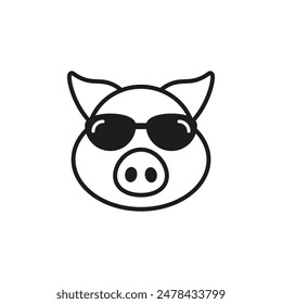 Cool pig with sunglasses. Front view. Outline vector isolated illustration on white background. Flat style and design.