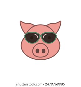 Cool pig with sunglasses. Front view. Colored vector isolated illustration on white background. Flat style and design.