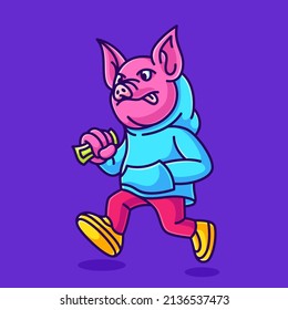 Cool pig walking carrying money vector illustration. cartoon pig wearing clothes