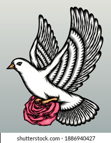 Cool pigeon with roses. Premium vector
