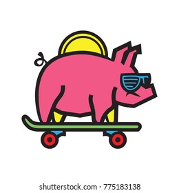 Cool Piggy Bank Icon Playing Skate Board : Layered Vector Illustration - Easy to Edit