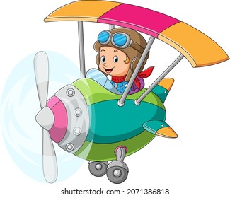 The cool pilot boy is driving a plane of illustration