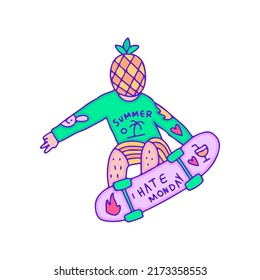 Cool pineapple boy character freestyle with skateboard, illustration for t-shirt, sticker, or apparel merchandise. With modern pop art.