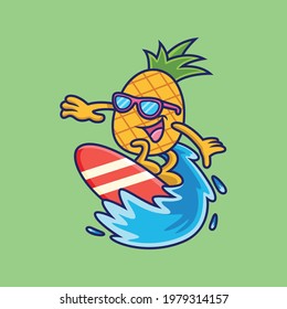 Cool Pineapple Playing Surfing Cartoon. Fruit Vector Icon Illustration, Isolated on Premium Vector