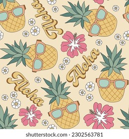 Cool pineapple in sunglasses Hibiscus flower vector seamless pattern. Hawaii vacation background. Retro Aloha surface design for textile, scrap book 