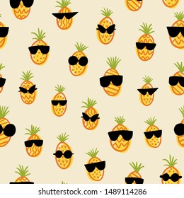 Cool pineapple in sunglasses seamless pattern. Cute hand drawn doodles. Vector template design for textile, backgrounds, packages, wrapping paper, fabric, wallpaper.