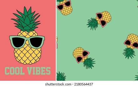 cool pineapple with sunglasses and slogan. Summer graphic with seamless pattern for boys and kids fashion