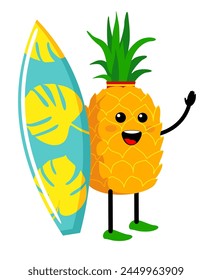 Cool pineapple with surfboard cartoon. Funny fruit character pineapple holding a surfboard. Vacation concept. Pineapple juice. Fruit vector icon illustration, isolated on white.